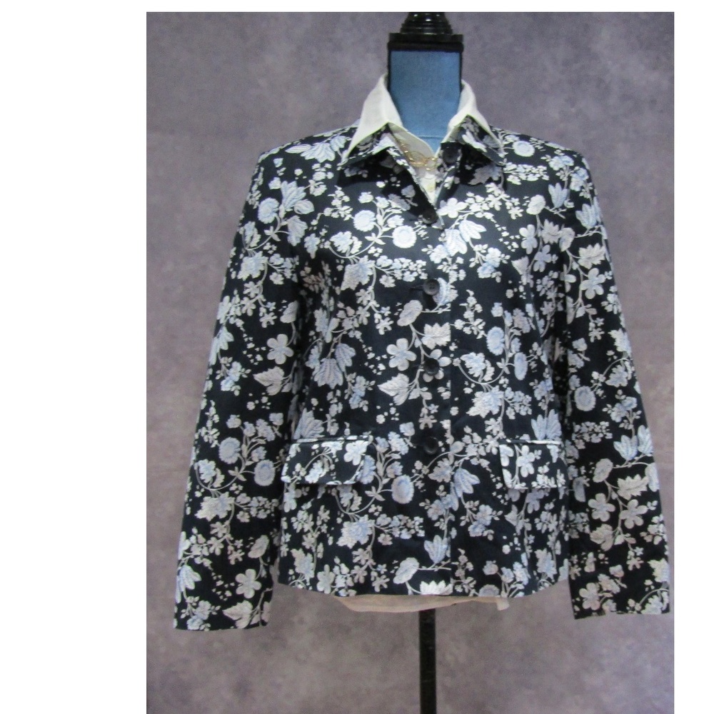 Talbots Black Blue White Floral Blazer Jacket 10